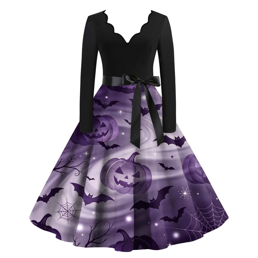 Women's Halloween Printed Long Maxi Dress for Costume Party