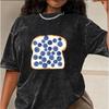 Cute Food Croissant Toast Print Vintage Washed Black Oversized T-Shirt Crew Neck Short Sleeve Tee for Women Streetwear