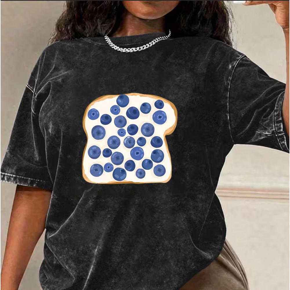 Cute Food Croissant Toast Print Vintage Washed Black Oversized T-Shirt Crew Neck Short Sleeve Tee for Women Streetwear