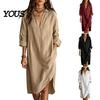 Elegant Casual Dress Women's Summer Midi Shirt Dress, Long Sleeve V Neck Simple Style Lapel Loose Tunic Beach Vacation Sundress with Pockets