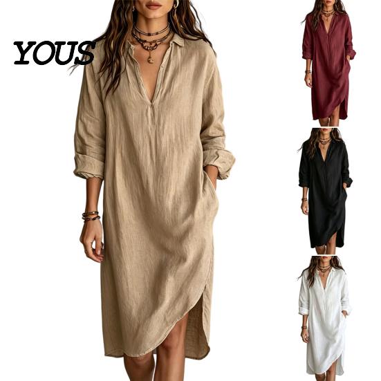 Elegant Casual Dress Women's Summer Midi Shirt Dress, Long Sleeve V Neck Simple Style Lapel Loose Tunic Beach Vacation Sundress with Pockets