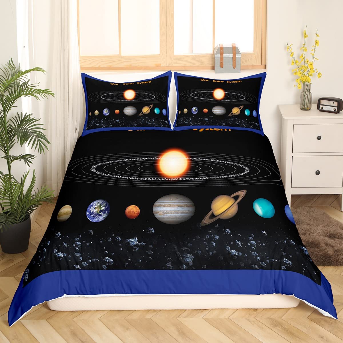 Outer Space Comforter Cover Galaxy Space Rocket Print Bedding Set Universe Planet Spaceship Duvet Cover Polyester Quilt Cover EU Single(135*200cm)3pcs