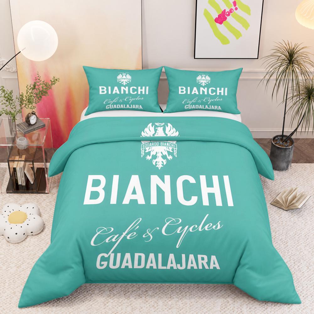 Bianchi Cycles Bicycle Brand Logo 3 Piece Bedding Set, Teal Retro Cafe Racer Duvet Cover Set for Cyclist Men Bedroom Decor