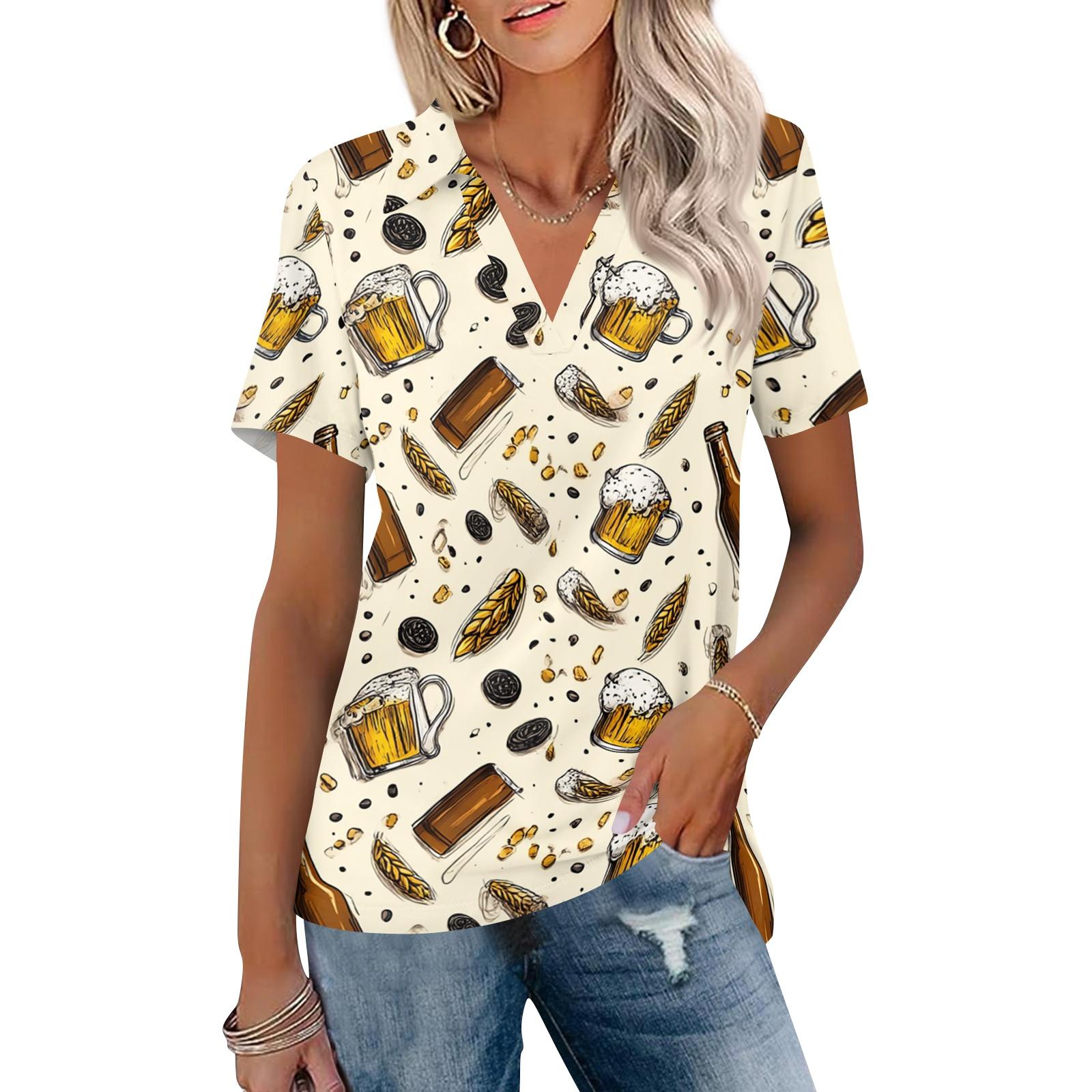 

Women’s Casual V Neck Short Sleeve Collared Shirt with Festival Print Relaxed Fit Lightweight Top for Summer XXL хаки
