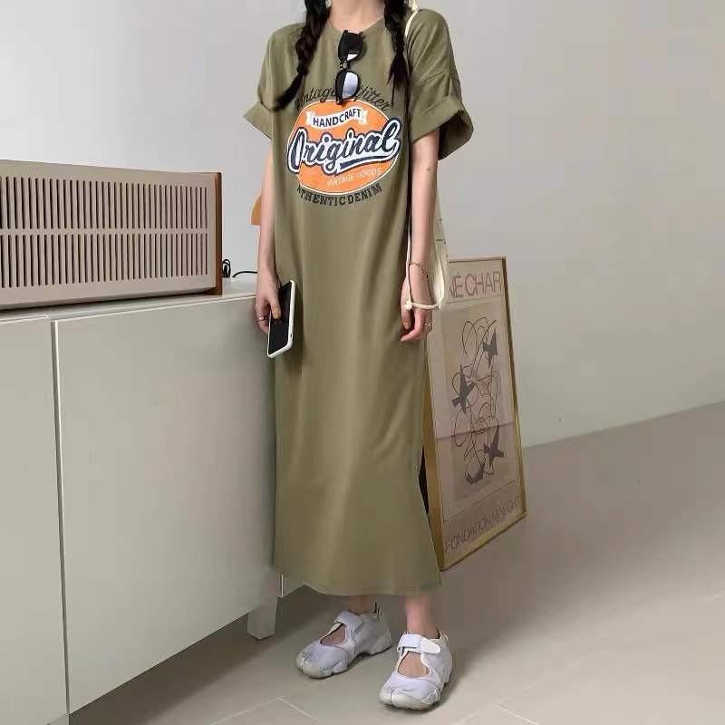 T-shirts for Women's Summer Casual Long Skirts, Slit Short-sleeved Dresses, Mid-length Base Shirts, Tops