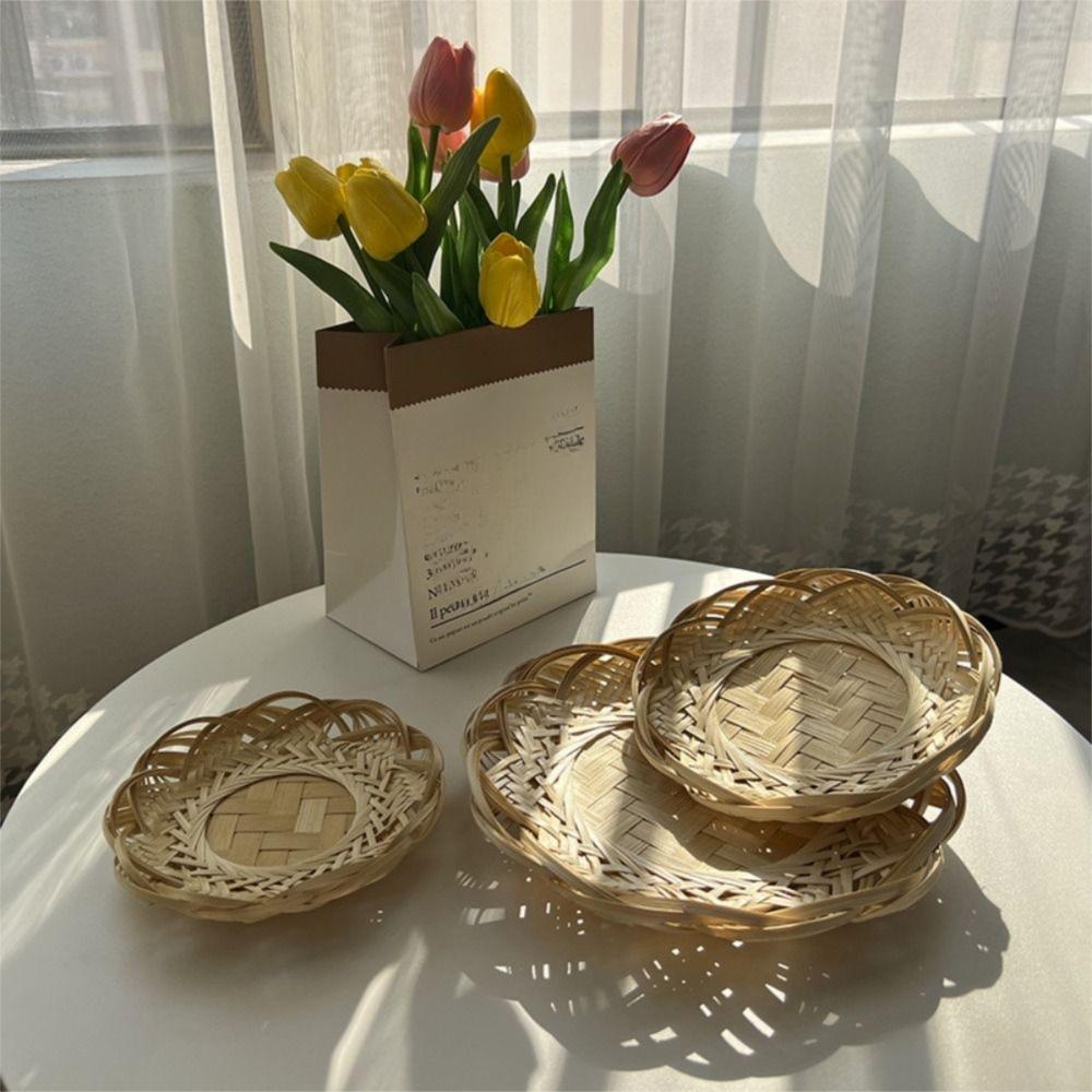 Durable Round Woven Bamboo Tray Handmade Home Organizer Wicker Bread Basket Bamboo Woven Basket Kitchen