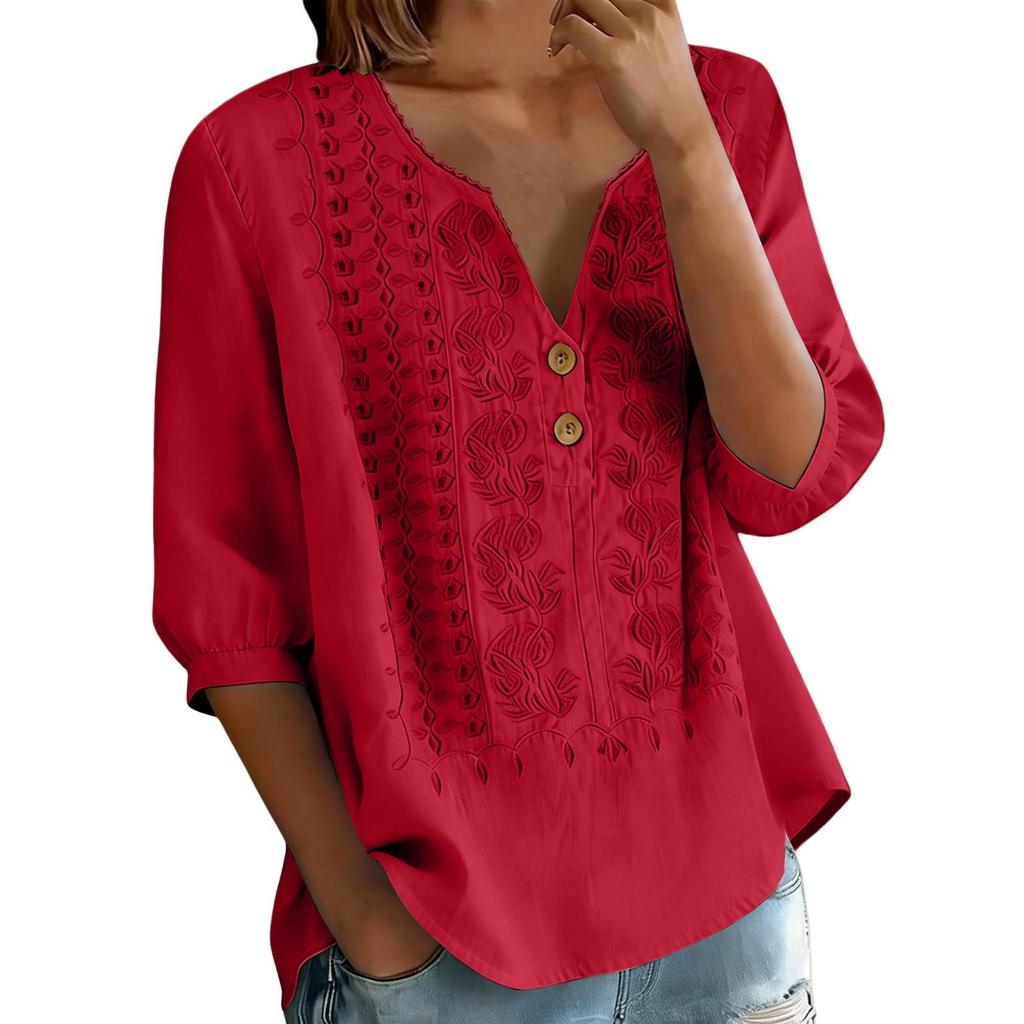 Damen V-Ausschnitt Dreiviertelarm Bestickte Knopfleistenbluse mit Blumenmuster Lockerer Schnitt Lässiges Oberteil
