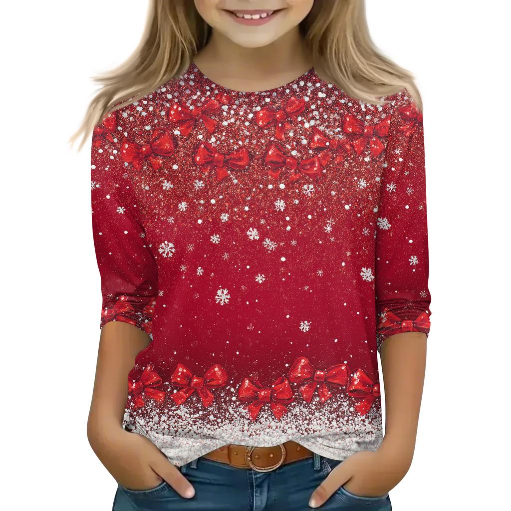Christmas Day Print Tops For Youth Girls 4-11 Years Round Neck 3/4 Sleeves T-Shirts Trendy Tops Outfit Tees