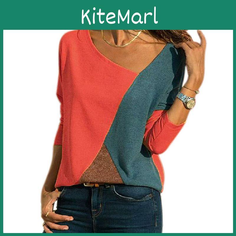 Stylish Women T-shirts Long Sleeve Round Neck Patchwork Pullover Slim Fit Female Tops