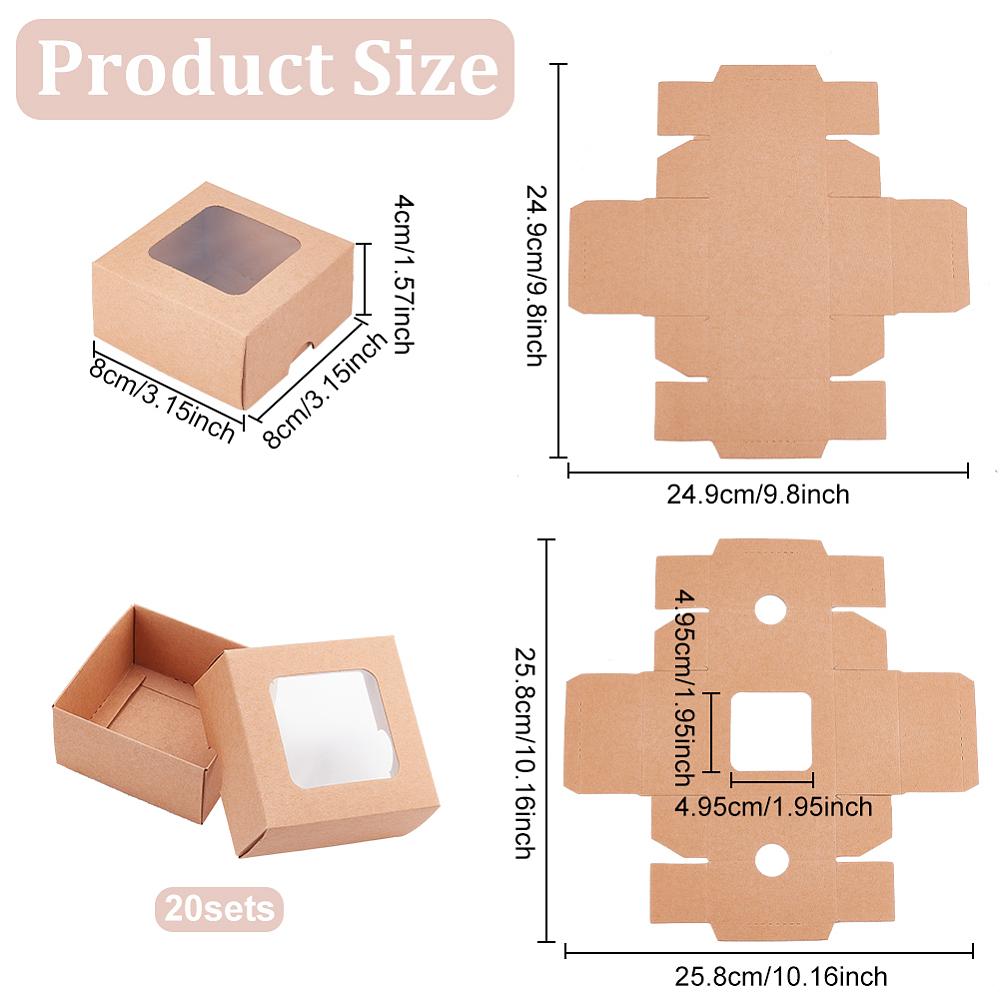 20sets Folding Kraft Paper Cardboard Jewelry Gift Boxes with PVC Visible Window Square BurlyWood Finished Product: 8x8x4cm