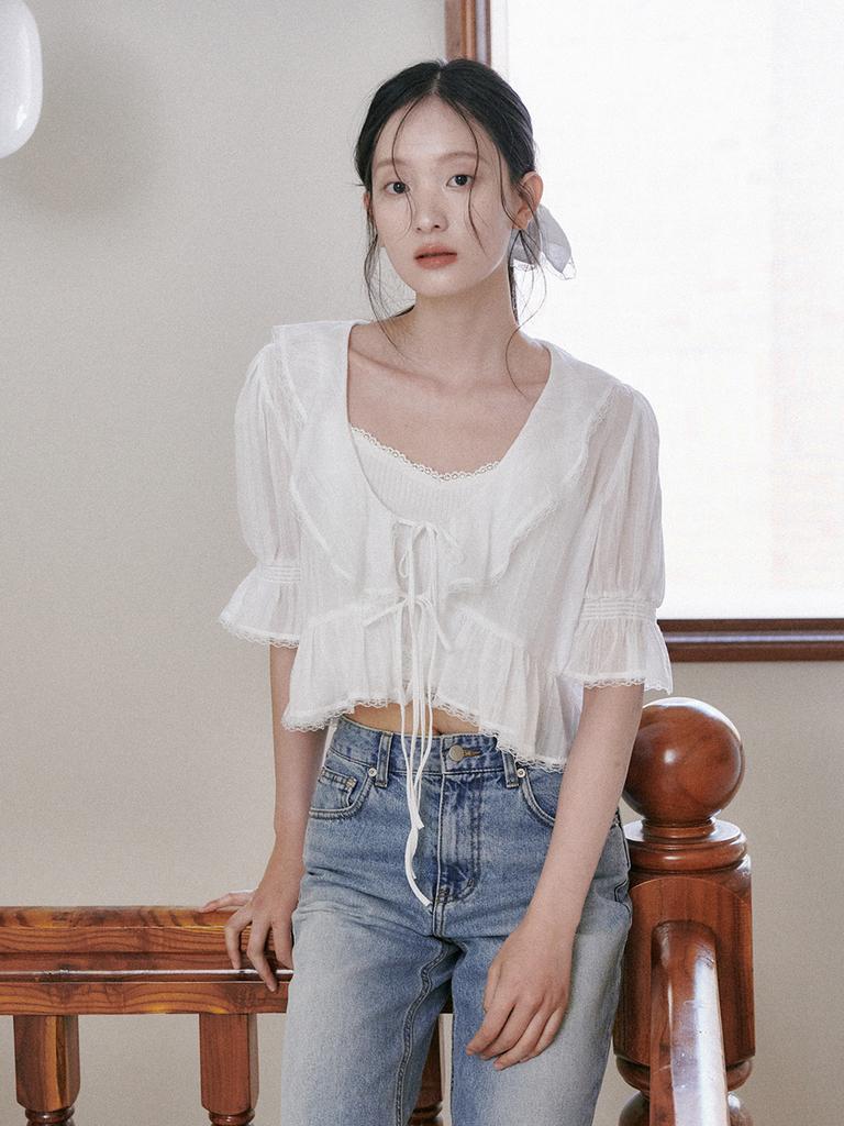 OUEL Sheer Ruffle Tie Blouse_White
