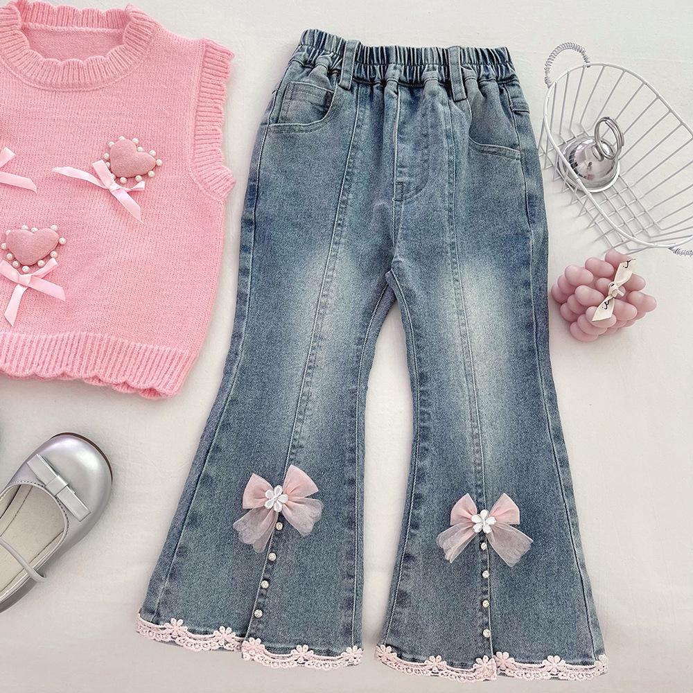 Girls' Pink Heart Knit Vest & Flare Jeans Three-Piece Set - 2025 Fashion Style