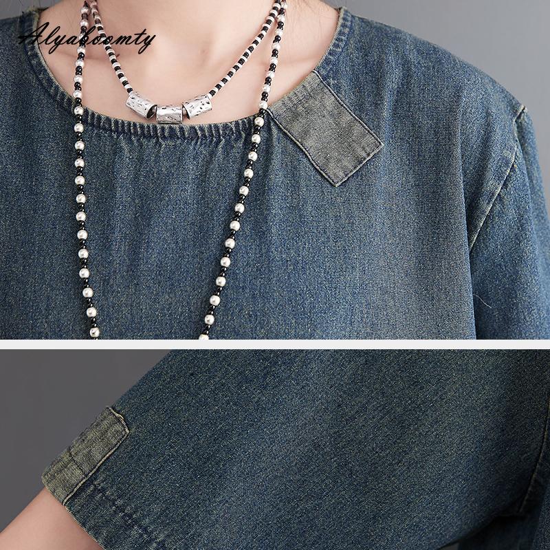 Plus Größe Frühling Sommer Frauen Denim Midi Kleid O Neck Patchwork Übergroßen Taschen Kleid Halbe Hülse Vintage Lose Kleid