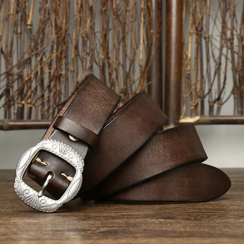 Retro Personality Trend Stainless Steel Belt Men'S Leather Pin Buckle First Layer Cowhide Denim Versatile Casual Pants Belt Men