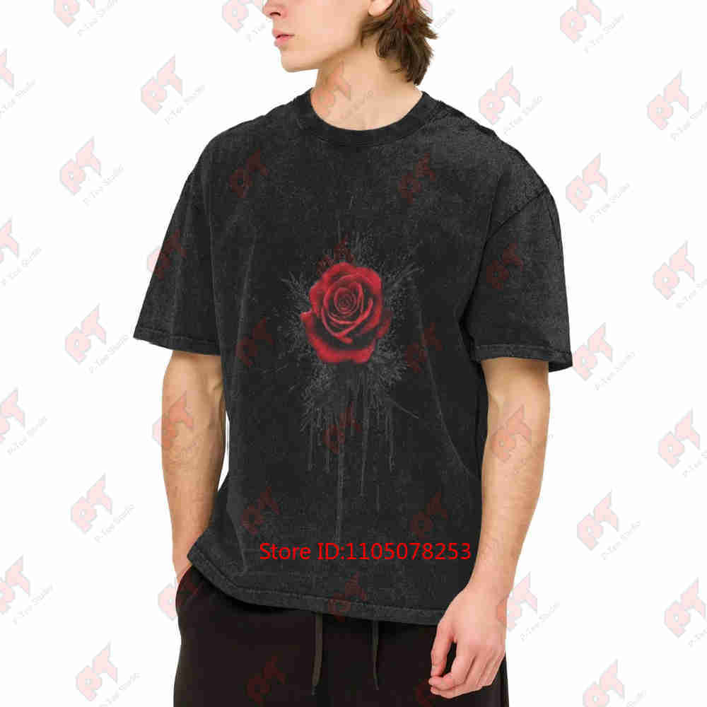 Red Rose Ink Splash Print Vintage Washed Tee Pure Cotton T-Shirt