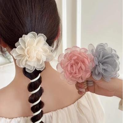 Süße Atmosphäre Haaraccessoires Damen Romantisches gerades Telefonlinien-Bubble-Zopf-Stoff einfarbige Blumen Haargummi