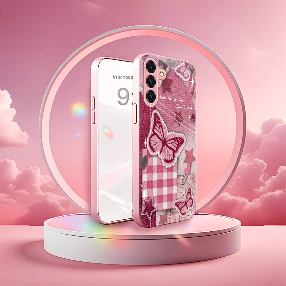 Star and Butterfly Pattern Madam Pink Glass PhoneCase for Samsung Galaxy S26 S25 S24 S23 S22 S21 FE Ultra Plus Dropresistant