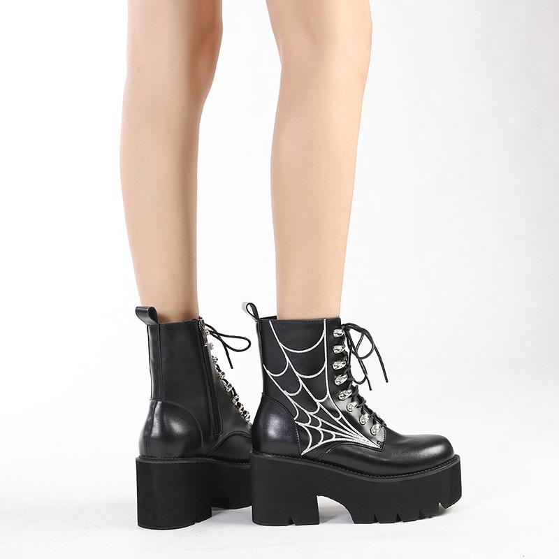 Fashion Gdgydh Sexy Rivet Autumn Boots Women Platform Boots Black Leather Gothic Punk Style Combat Boots For Women Mid Heels Comfortable