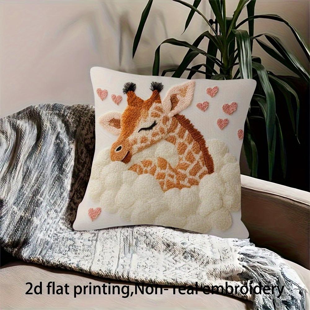 Cute Giraffe Pillow Cover 2D Faux Embroidery Print Cloud Heart Animal Cushion Case For Sofa Bed Couch Cozy Home Decor