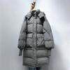 Hooded knee down jacket women's medium and long spring new loose big pockets thickened white duck down jacket