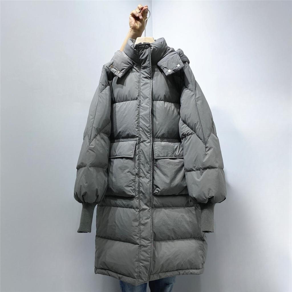 Hooded knee down jacket women's medium and long spring new loose big pockets thickened white duck down jacket