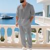 Men's Linen Henley Shirt and Pants Set Relaxed Fit Long Sleeve Holiday Lounge Two Piece Outfit