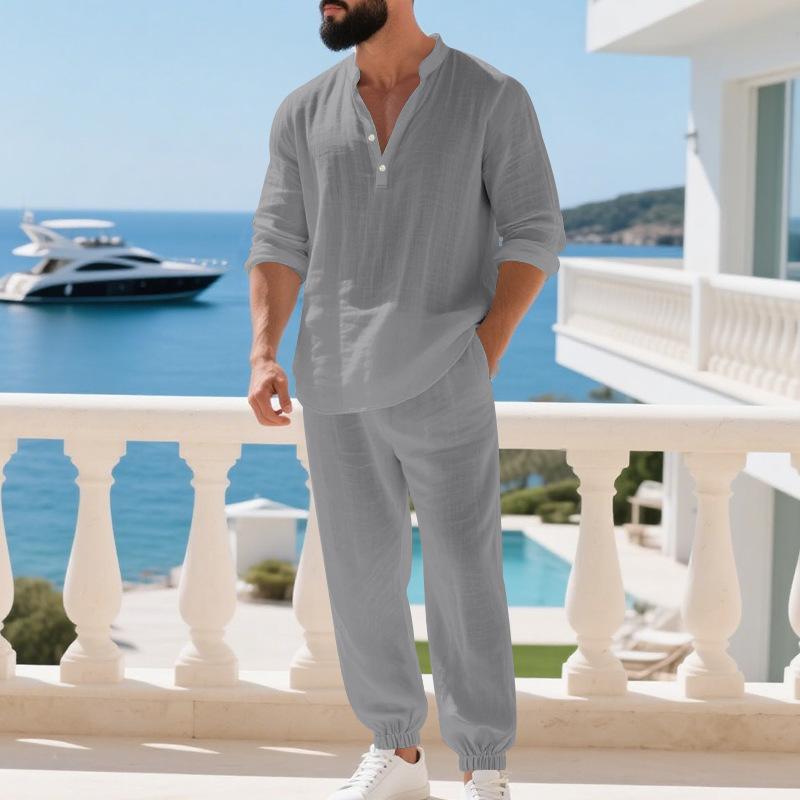 Men's Linen Henley Shirt and Pants Set Relaxed Fit Long Sleeve Holiday Lounge Two Piece Outfit