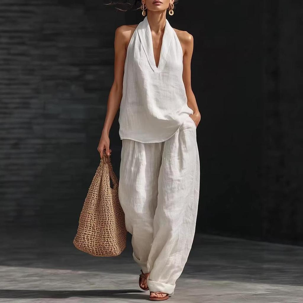 Women's Khaki Halter Neck Deep V-Neck Top and Wide Leg Pants Set