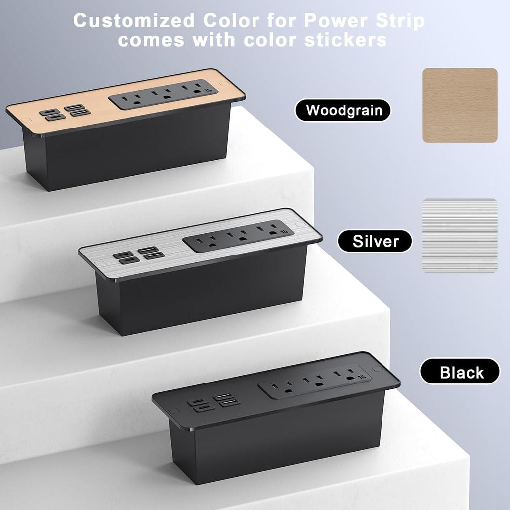 Recessed Power Strip with PD 65W USB C, Flush Mount Power Strip with 3 Outlets 4 USB Ports, Furniture Outlet with 2M Flat Plug Cable for Side Table