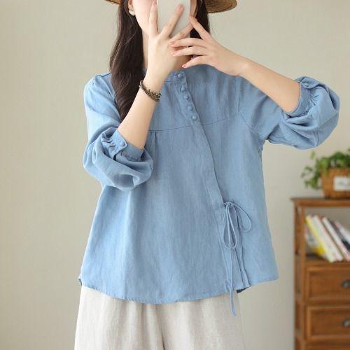Literary and Art Foreign Trade Retro Women's Loose Spring and Autumn Shirt Diagonal Long-sleeved Temperament Cotton and Linen Blouse Shirt