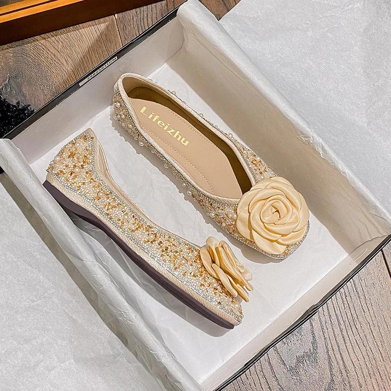 Fashion Women Flat Shoes Bling Rhinestone Flowers Casual Boat Shoes Cool Slip-on Loafers