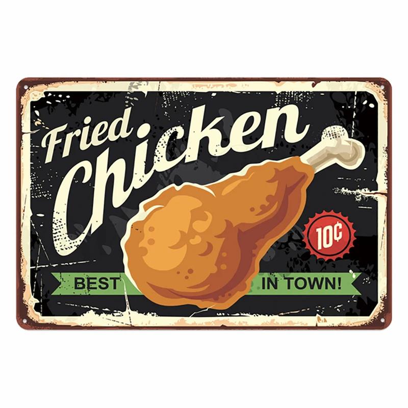 Hot Burgers Plaque Metal Tin Sign Vintage Poster Fried Chicken Retro Plate Wall Decor for Kitchen Restaurant Shop