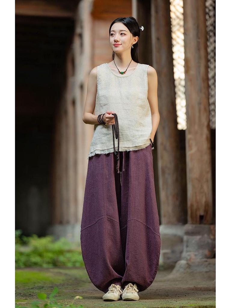 Women's Spring Retro Zen Loose Ramie Cotton Linen Harem Pants for Kung Fu Meditation
