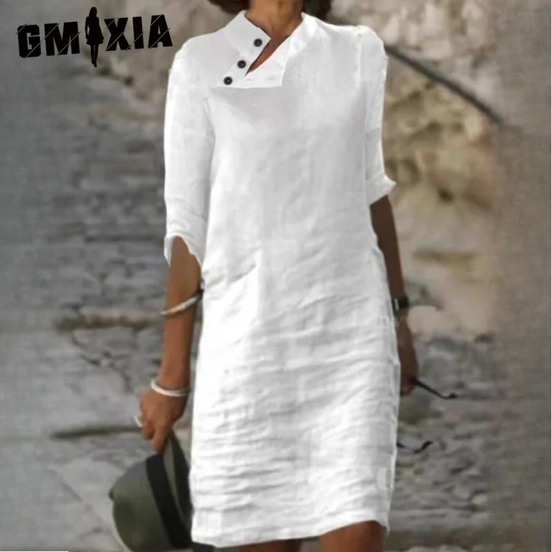 GMXIA Kvinnemote Sommer Våren Ensfarget Print Kortermet Høy midje Fritidskjoler