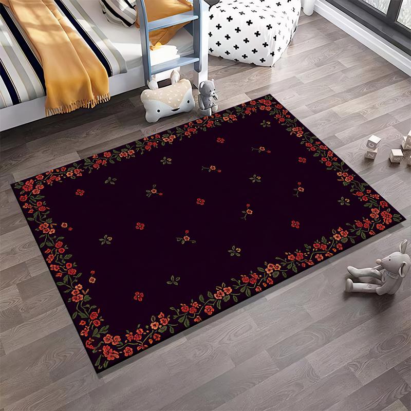 Floral Pattern Carpet with Red Flowers and Black Background, Modern Style Suitable for Use As an Anti-slip for Living Room Bedroom Sofas