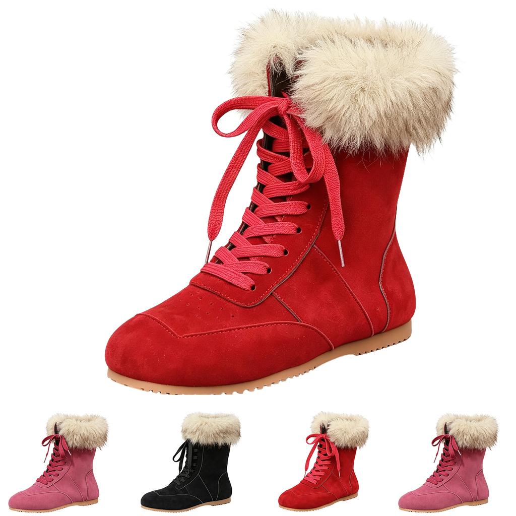 Damen -Gefütterte Schnür-Winterstiefel mit Pelzkragen und runder Spitze