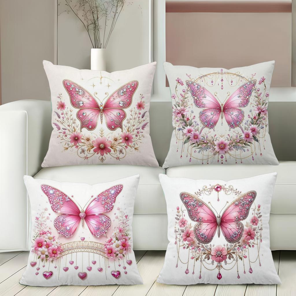 2D flat printing Pink Butterfly Decorative Cushions Floral Pattern Polyester pillowcase, sofa decorative cushion cov