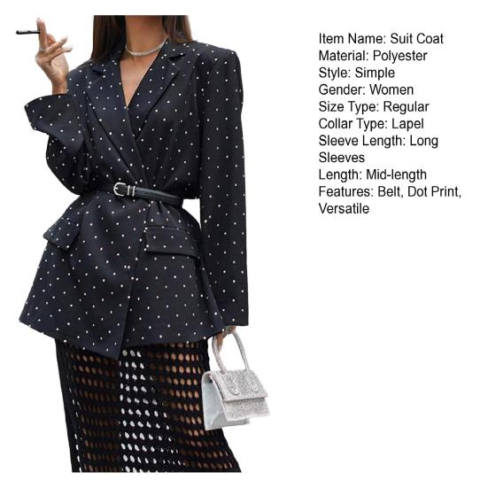 Yousheng Women Suit Coat Lapel Long Sleeve Dot Print Buttons Placket Suit Jacket with Belt Versatile Urban Style Business Workwear
