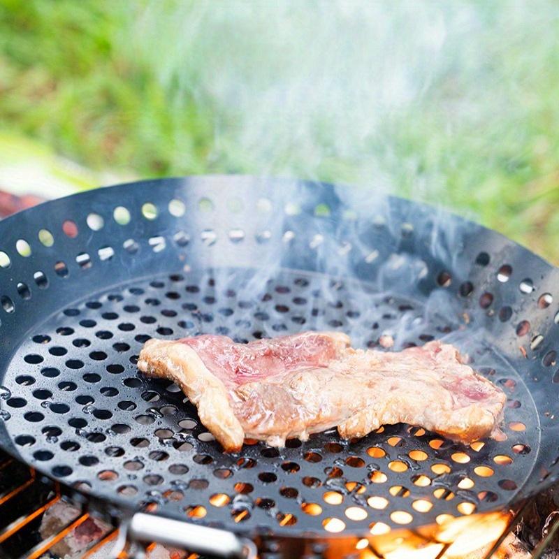 Perforated BBQ Grilling Pan with Folding Handle Non-Stick Round Barbecue Skillet Portable Outdoor Grill Basket for Backyard BBQ