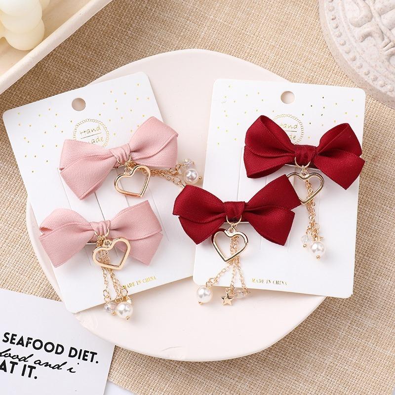 1 Pair Set Bow Hairpin Red Love Pendant Pair Clip Girl Heart Cute Hairpin Ponytail Hair Accessories Female Hair Clips for Women