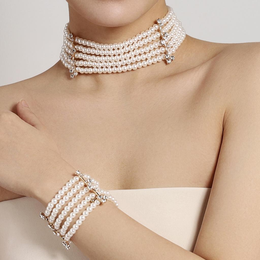 Fashion personality design sense multi-layer large pearl necklace bracelet jewelry set, European and American clothing accessories