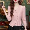 Women Clothing Fashion Ruffled V Neck Slim Asymmetrical T-shirt Office Lady Elegant Chic Solid Long Sleeve Commute Tops