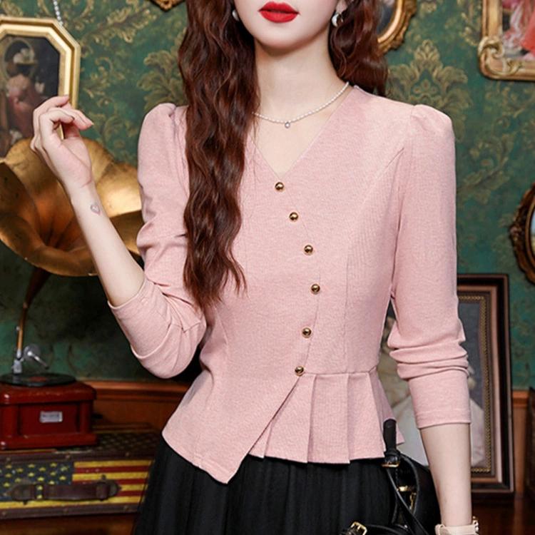 Women Clothing Fashion Ruffled V Neck Slim Asymmetrical T-shirt Office Lady Elegant Chic Solid Long Sleeve Commute Tops