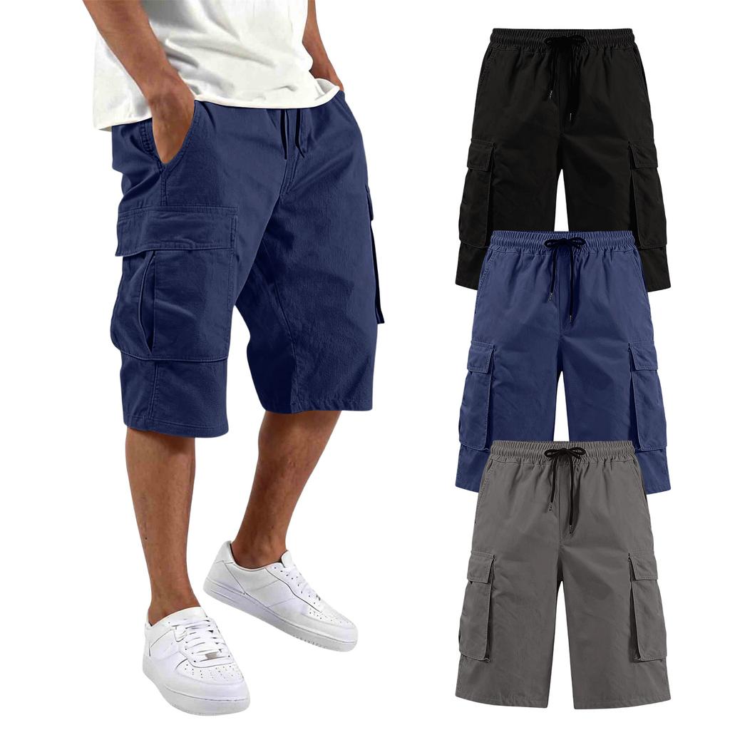 Mens Cargo Shorts 3 Pack Multi Pocket Drawstring Waist Relaxed Fit Knee Length Workwear Shorts for Daily Wear