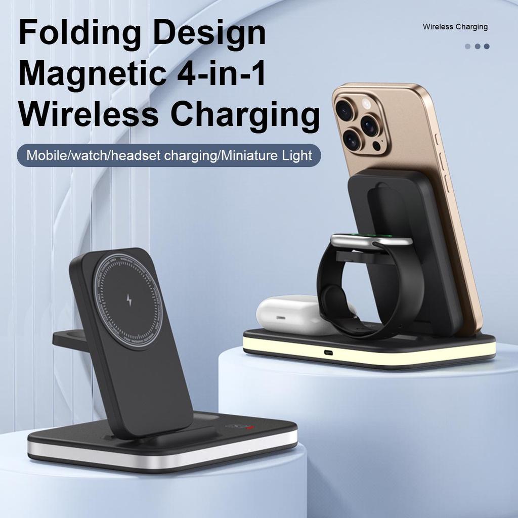 15W Foldable Magnetic Stand: 3-in-1 Wireless Charger for Phone, Watch & Earbuds