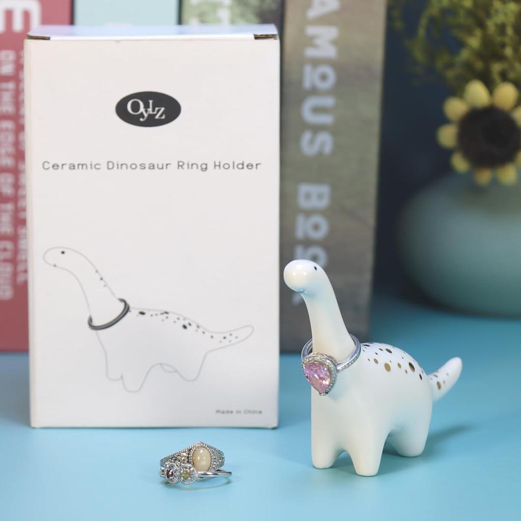 OYLZ Adorable Small Ceramic Dinosaur Jewelry Ring Holder, Engagement, Wedding Ring Display Stand