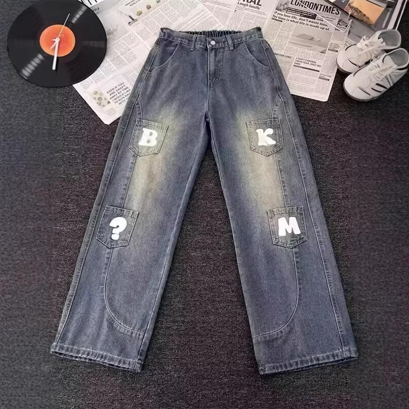 Hong Kong Trendy Men's Summer New Personalized Letter Jeans Hip Hop Ins Trendy High Street Trendy Ruffian Handsome Trousers