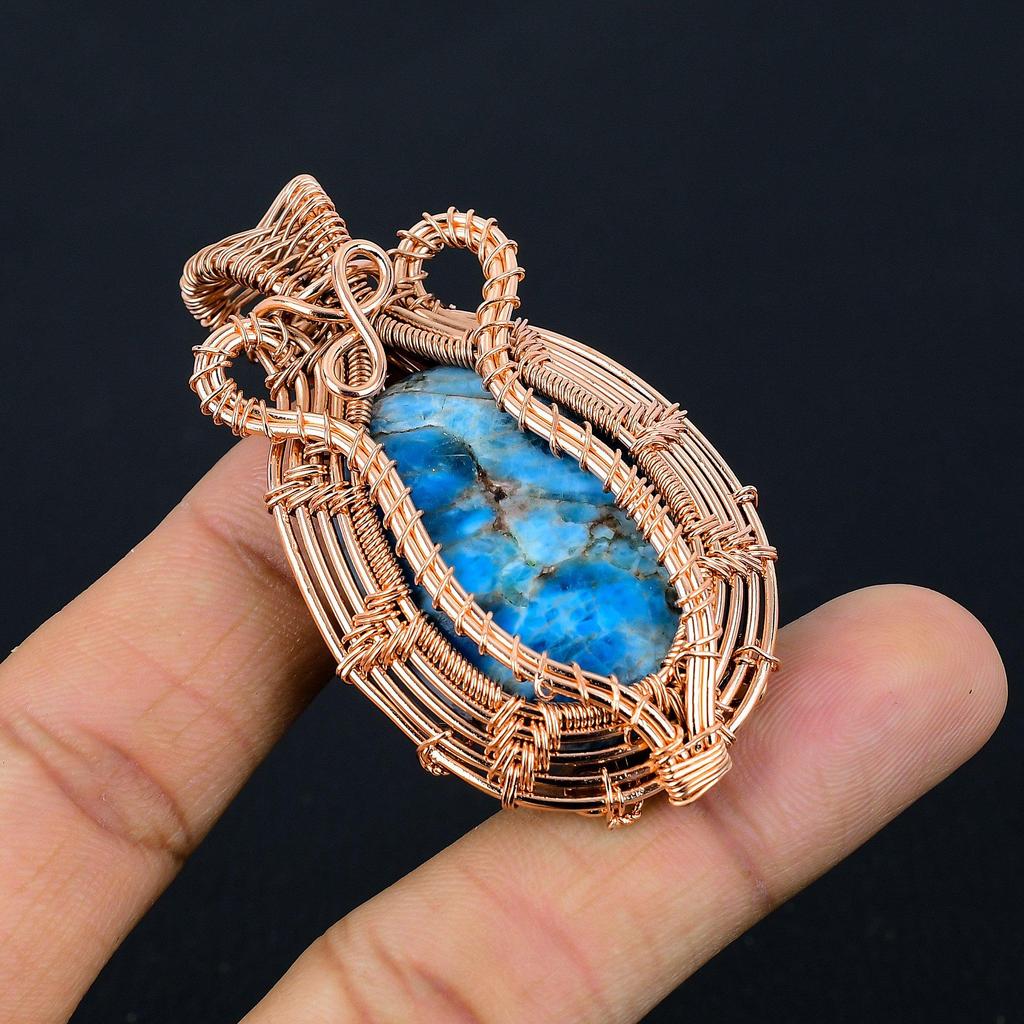 Neon Blue Apatite Gemstone Pendant 999 Copper Wire Wrapped Jewelry, Handmade Antique Pendant Jewelry, Gift For Mother