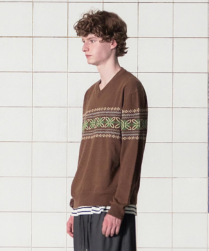 UNALLOYED Clover Argyle V-Neck Knit / Brown