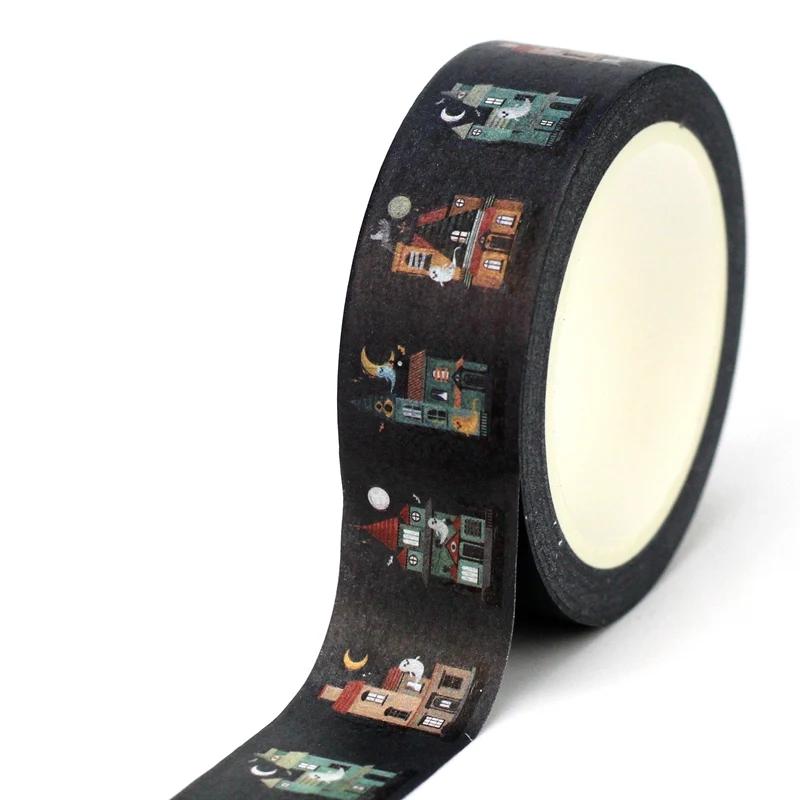 1pc 10M Deco Bat Rose Skull Black Cat Haunted House Halloween Masking Washi Tape Set for Scrapbooking Cute Journal Stationery